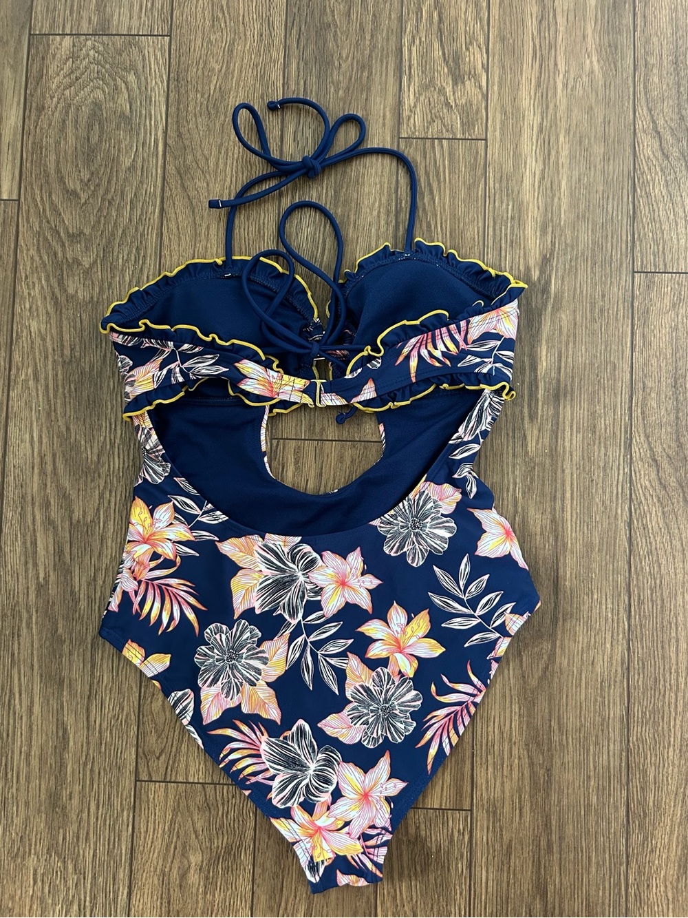Navy Floral One-Piece Swimsuit with Yellow Trim - Picture 2 of 4